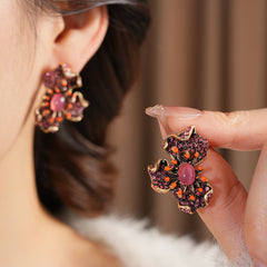 Vintage Floral Rhinestone Stud Earrings with S925 Silver Post