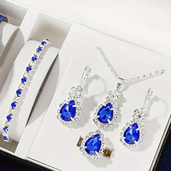 Rhinestone Light Blue Necklace Earrings And Ring Four-piece Set